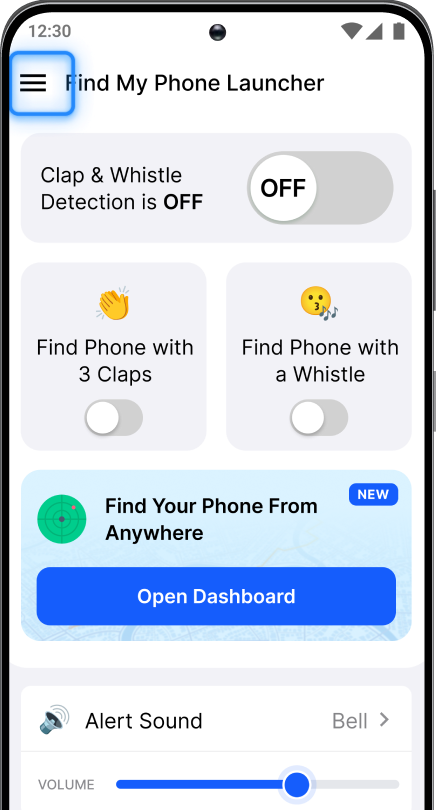 Tap the Hamburger icon in Find My Phone Launcher